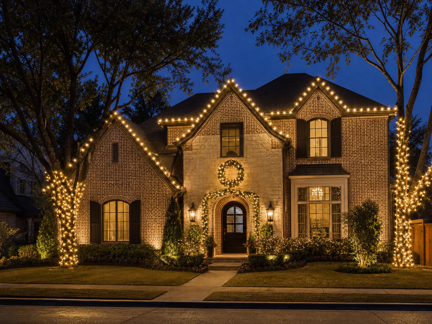 Completed professional holiday lighting display on a Dallas-area home at dusk